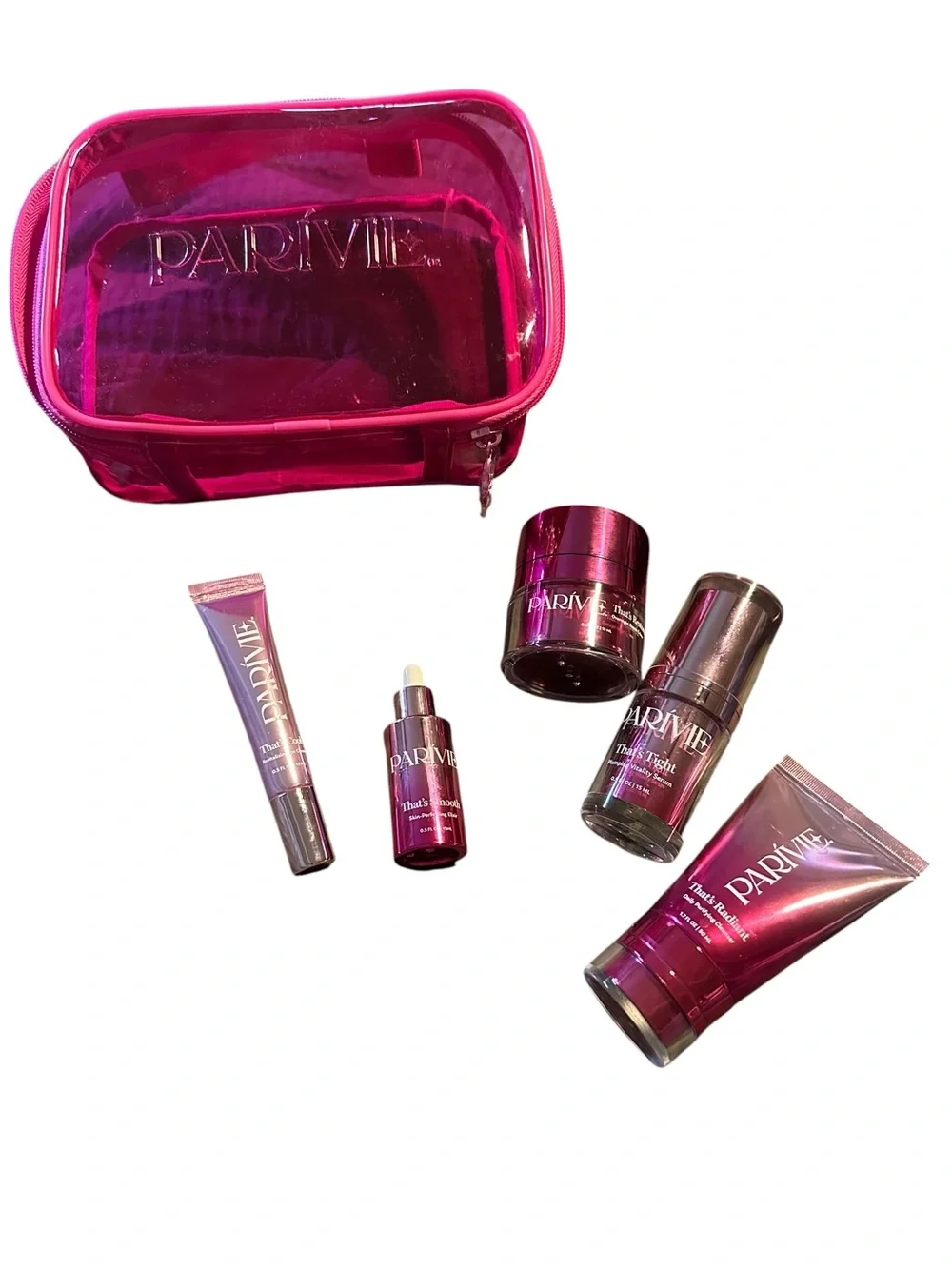 Parivè Hot Pink Clear Cosmetic Pouch with 5 products